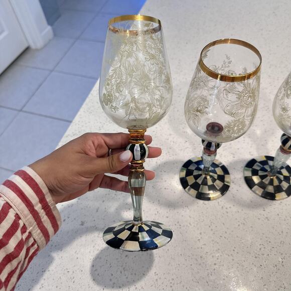MacKenzie Childs Blooming Wine Glasses Goblet Courtly Check Set Of 3 Designer - Picture 12 of 15